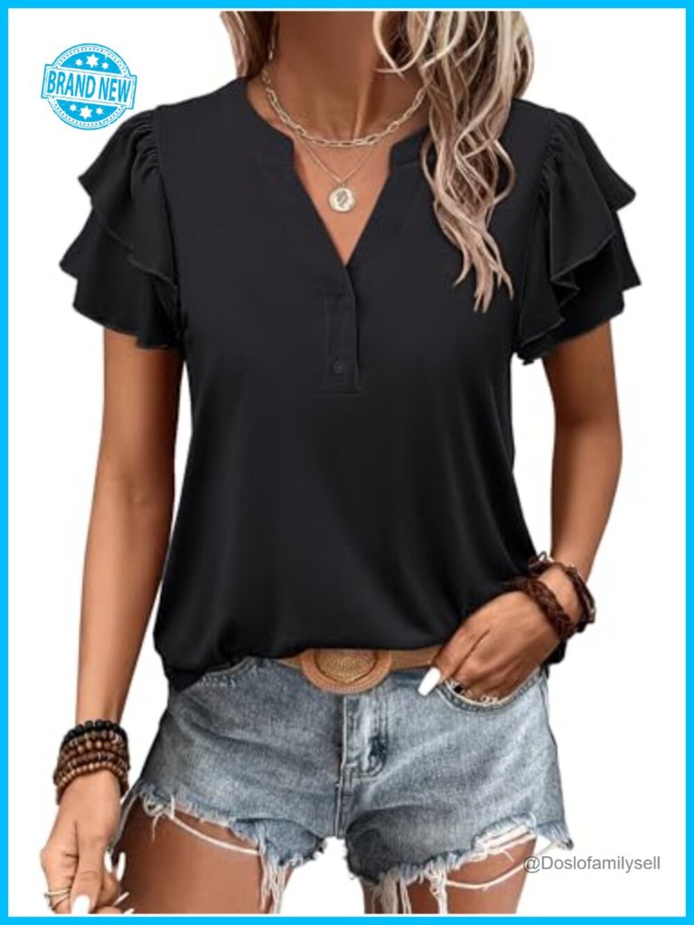 Womens V-Neck Button Down Blouse Flutter Short Sleeve Loose Fit Top
